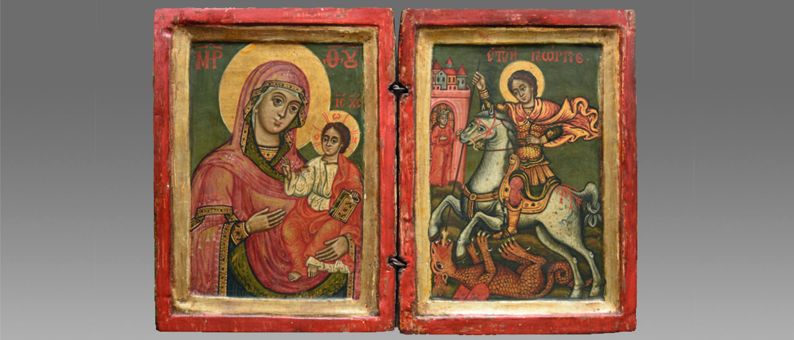 griechisches diptychon gottesmutter mit kind  und heiliger georg auf dem pferd