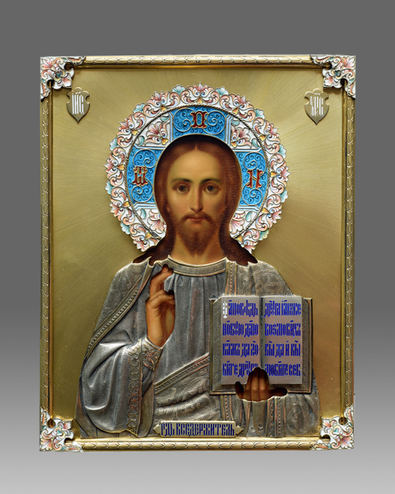 Ikone Christus Pantokrator mit goldenem Oklad aus Cloisonneemail