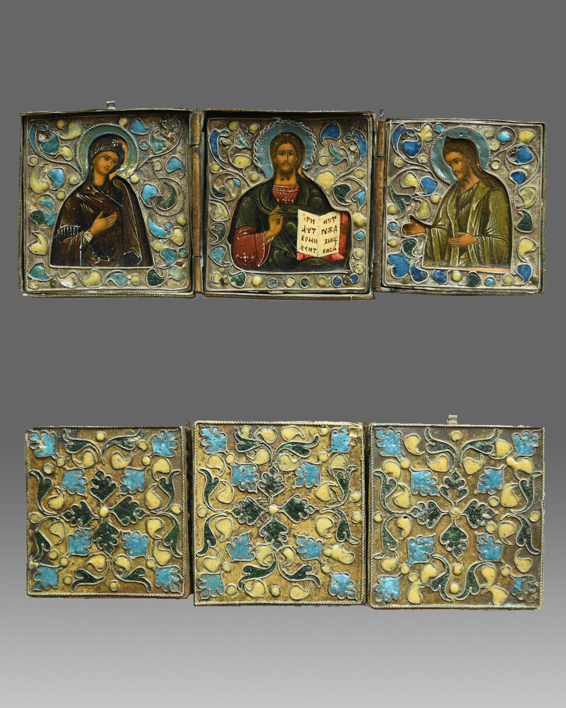 Russisches Kunstkammerobjekt Triptychon Deesis mit Gottesmutter, Christus, Johannes