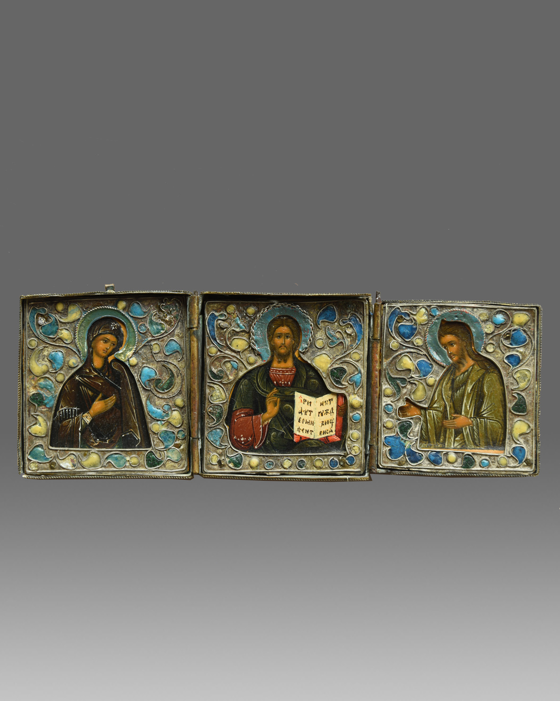 Russisches Kunstkammerobjekt Triptychon Deesis mit Gottesmutter, Christus, Johannes